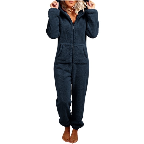 JGGSPWM (S-5XL) Plus Size Onesie Pajamas for Women Fuzzy Fleece Casual Winter Warm Soft Comfortable Lounge Romper Loungewear Blue XXL