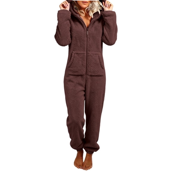JGGSPWM (S-5XL) Plus Size Onesie Pajamas for Women Fuzzy Fleece Casual Winter Warm Soft Comfortable Lounge Romper Loungewear Brown XXXL