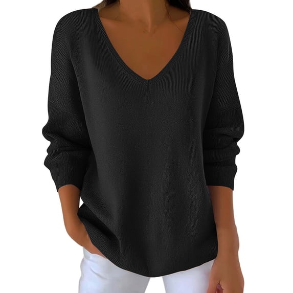 JGGSPWM (S-5XL) Plus Size Womens Fall Sweaters V Neck Long Sleeve Casual Loose Lightweight Soft Pullover Sweater Knit Tops Black L