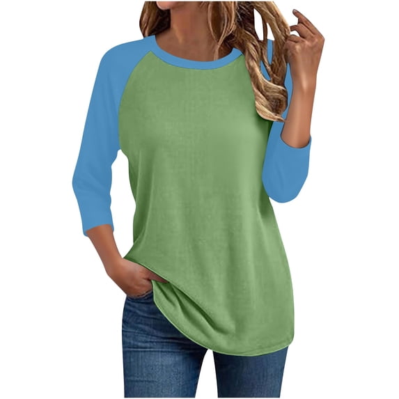 JGGSPWM (S-5XL) Women's 3/4 Raglan Sleeve T-Shirt Pullover Loose Color Block Blouse Going Out Trendy Casual Crewneck Tunic Tops Green XXXXXL