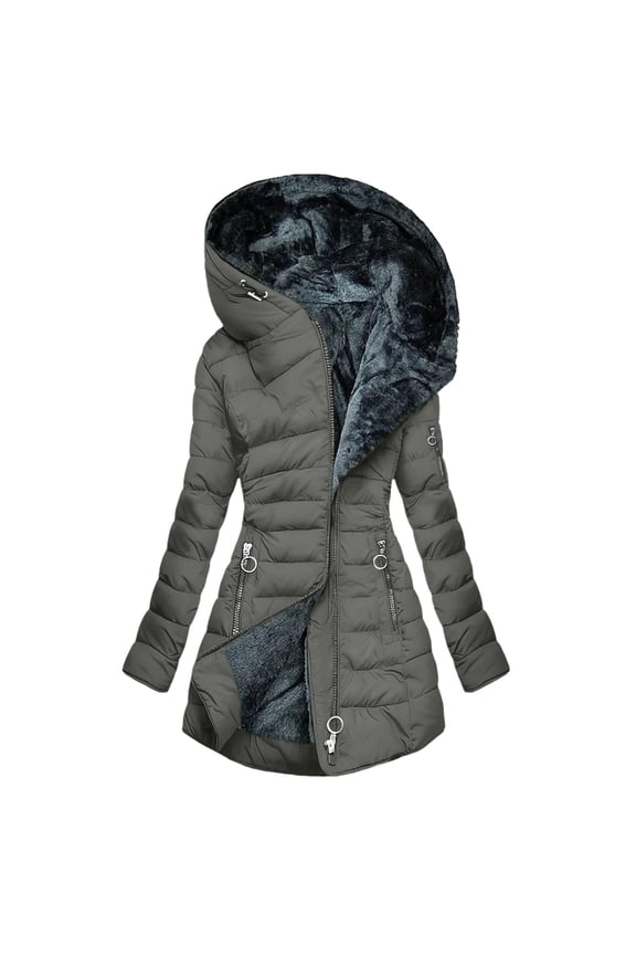 (S-5XL) Women's Plus Size Solid Color Thickened Warm Winter Fleece Jacket Fashion Long Sleeved Hooded Casual Long Jacket Coat Gray XXXXL
