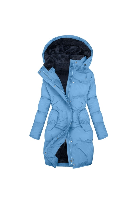 (S-5XL) Women's Plus Size Waterproof Winter Coat Solid Color Warm Long Puffer Jackets with Hood Thicken Parka Blue S