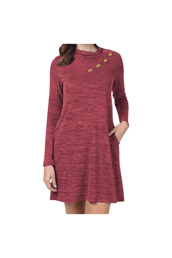 (S-5XL) Women's Plus Size Winter Dress Tunic Tops for Leggings Long Sleeve Sweater Cowl Neck Fashion Shirt Dress Red XXXXL