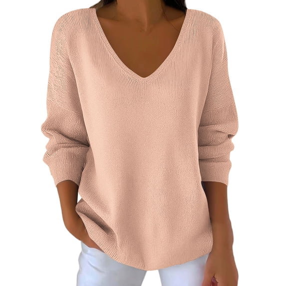 JGGSPWM (S-5XL) Womens Plus Size Long Sleeve V Neck Sweaters Fall Casual Classic Soft Loose Fit Basic Pullover Versatile Top Beige M