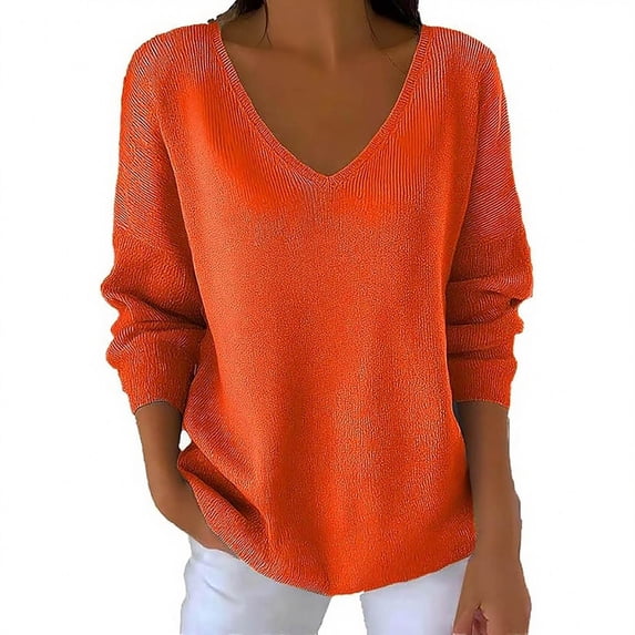 JGGSPWM (S-5XL) Womens Plus Size Long Sleeve V Neck Sweaters Fall Casual Classic Soft Loose Fit Basic Pullover Versatile Top Orange M