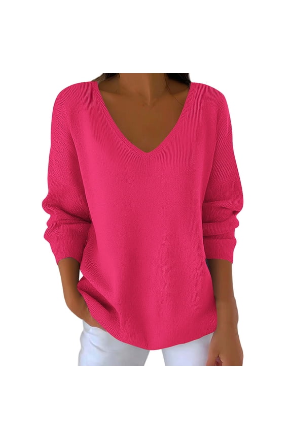 (S-5XL) Womens Plus Size Long Sleeve V Neck Sweaters Fall Casual Classic Soft Loose Fit Basic Pullover Versatile Top Pink XXL