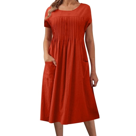 JGGSPWM (S-5XL) Womens Summer Midi Dress Casual Short Sleeve A-Line Cotton Linen Dress Flowly Beach Tunic Sundresses with Pockets Orange M