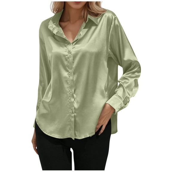 JGGSPWM Satin Button Down Shirts for Women Dress Shirts Solid Color Long Sleeved Blouses Womens Business Casual Shirts Green M