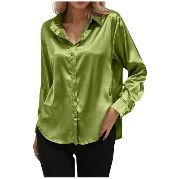 JGGSPWM Satin Button Down Shirts for Women Dress Shirts Solid Color Long Sleeved Blouses Womens Business Casual Shirts Green M