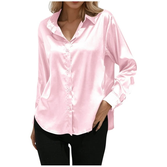 JGGSPWM Satin Button Down Shirts for Women Dress Shirts Solid Color Long Sleeved Blouses Womens Business Casual Shirts Pink L