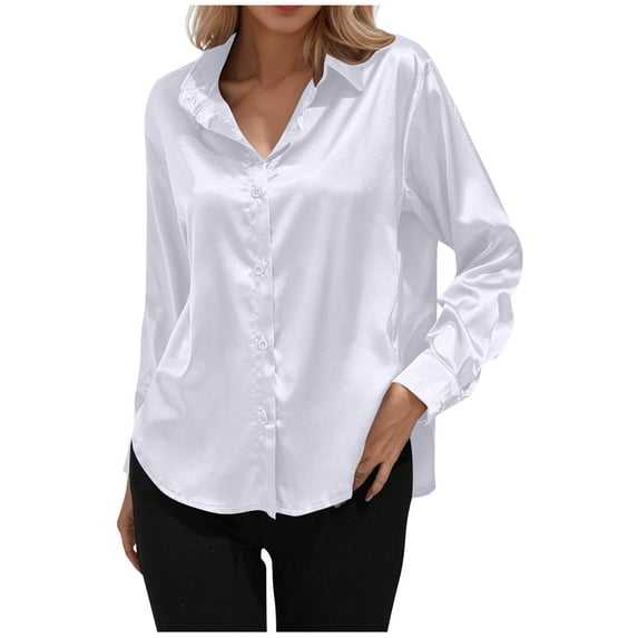 JGGSPWM Satin Button Down Shirts for Women Dress Shirts Solid Color Long Sleeved Blouses Womens Business Casual Shirts White M