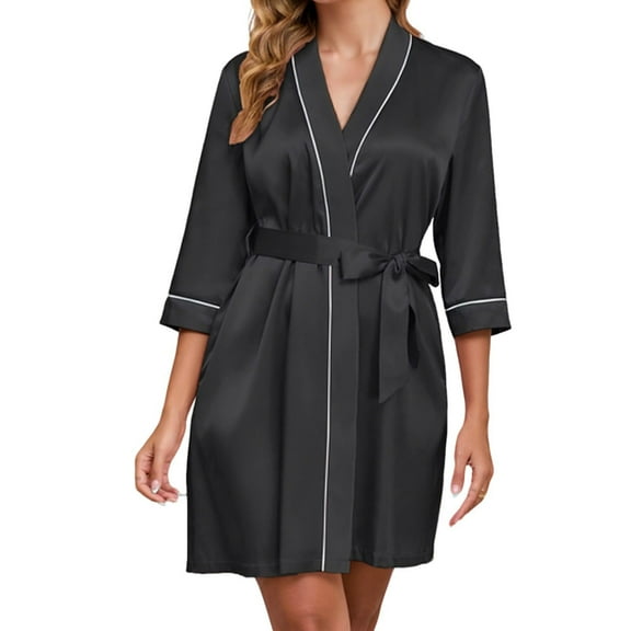 JGGSPWM Satin Robes for Women Knee Length Bathrobe Lightweight Soft Sleepwear V-neck Casual Ladies Loungewear Black S