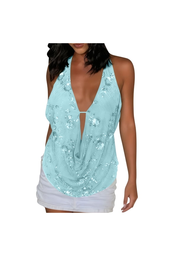 Sequin Halter Backless Crop Top for Women Y2K Sparkly Glitter Sleeveless Vest Deep V Neck Beach Vacation Tank Tops Blue M