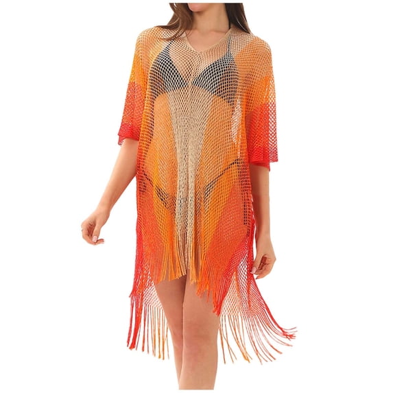 JGGSPWM Sheer Gradient Swimsuit Coverup, Crochet Color Block Beach Dress, Fringe Bathing Suit Vacation Outfits for Women Orange Free Size