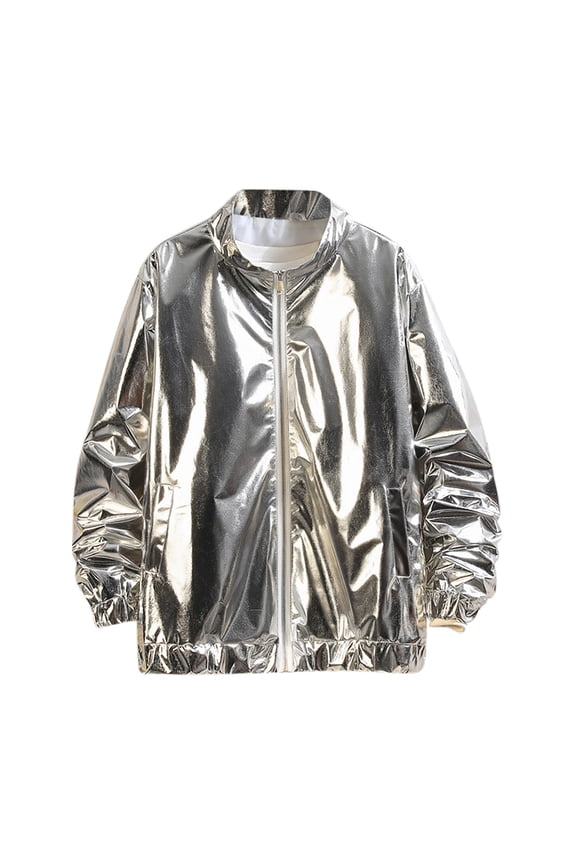 Shiny Jacket for Men's Lightweight Metallic Zip Up Shiny Performance Clothing Loose Performance Long Sleeved Casual Jacket Silver M