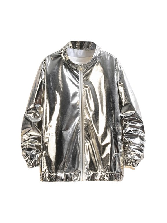 Shiny Jacket for Men's Lightweight Metallic Zip Up Shiny Performance Clothing Loose Performance Long Sleeved Casual Jacket Silver XXL