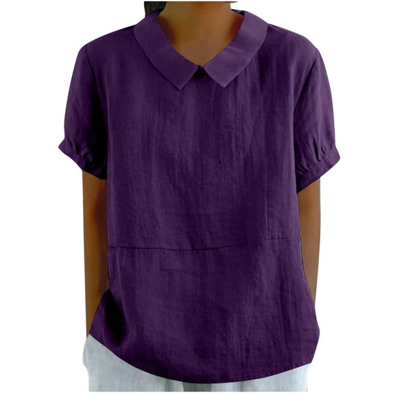 JGGSPWM Short Sleeve Linen Peter Pan Collar Blouses for Women Vintage Casual Loose Fit Cute Summer Tops Purple 3XL