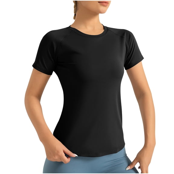 JGGSPWM Short Sleeve Raglan Athletic Workout Shirts Yoga Gym Crewneck Quick Dry Tshirts for Women Black XL