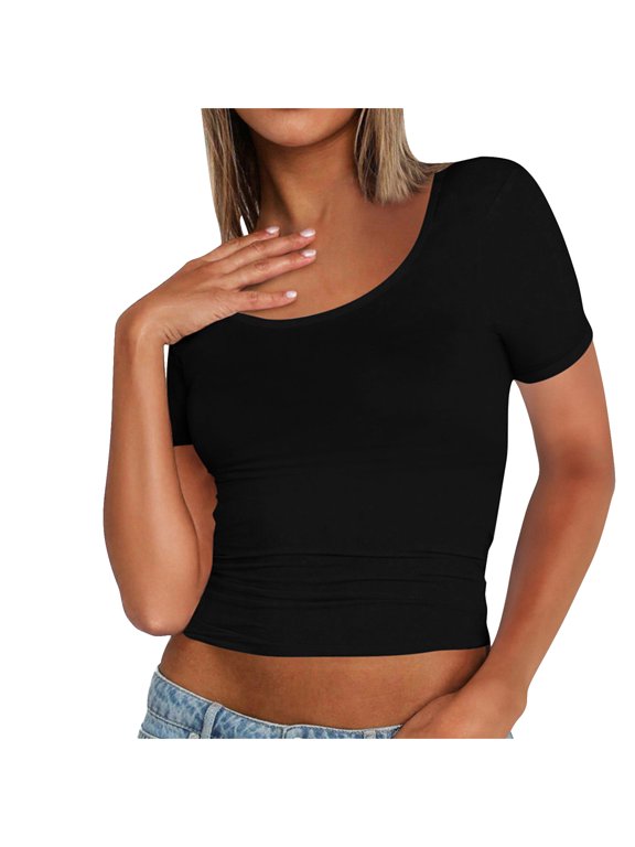 Short Sleeve Shirts Scoop Neck Slim Fit Pullover Going Out Crop Tops Summer Basic Tee Shirt for Women Black S