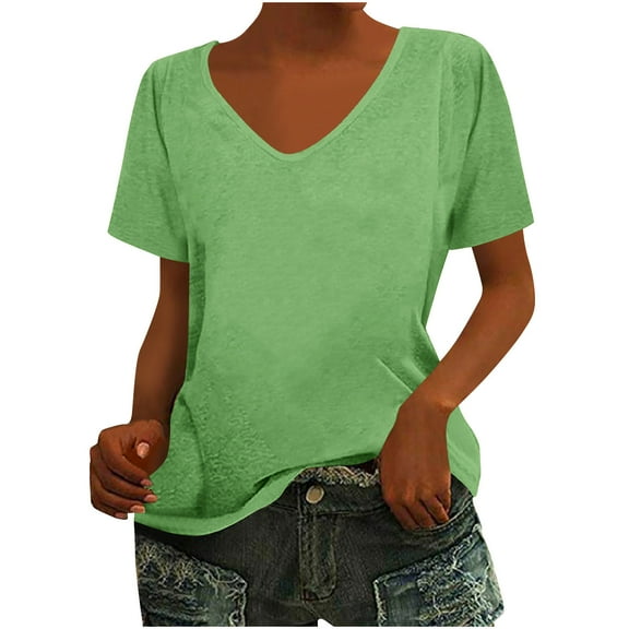 JGGSPWM Short Sleeve V Neck Casual T Shirts Tunics Loose Comfy Lightweight Blouse Tee for Women Summer Tops Green L