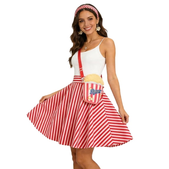 JGGSPWM Skirts for Women Vintage Striped Midi Skirt High Waist A-Line Flared Skirt Office Casual Knee Length Stripes Skirts Red XL