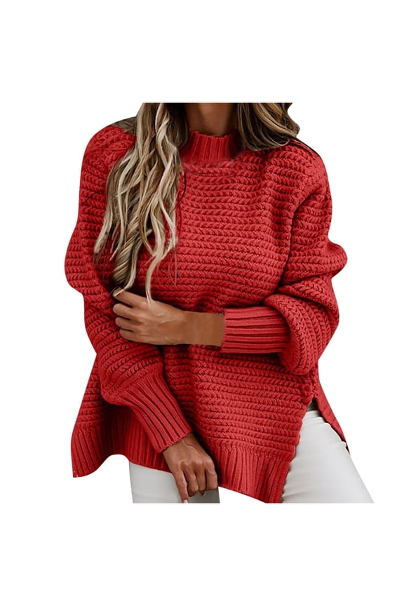 Solid Crochet Knit Sweaters for Womens Cozy Cotton Jumper Crew Neck Long Sleeve Pullover Side Split Hem Sweater Fall Fashion Tops Red M