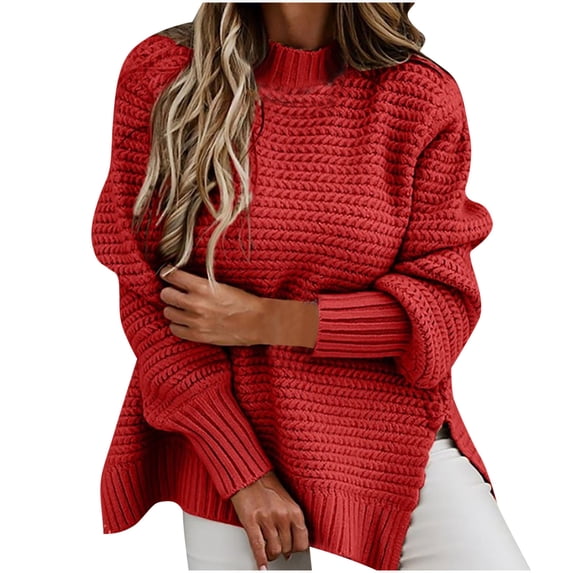 JGGSPWM Solid Crochet Knit Sweaters for Womens Cozy Cotton Jumper Crew Neck Long Sleeve Pullover Side Split Hem Sweater Fall Fashion Tops Red XL