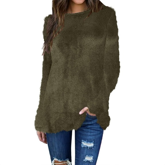 JGGSPWM Solid Fuzzy Sweaters for Womens Warm Fleece Sweater Casual Loose Fit Tops Crew Neck Long Sleeve Pullover Fall Winter Trendy Jumper Army Green M