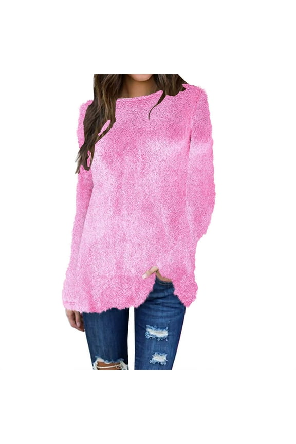 Solid Fuzzy Sweaters for Womens Warm Fleece Sweater Casual Loose Fit Tops Crew Neck Long Sleeve Pullover Fall Winter Trendy Jumper Hot Pink XL