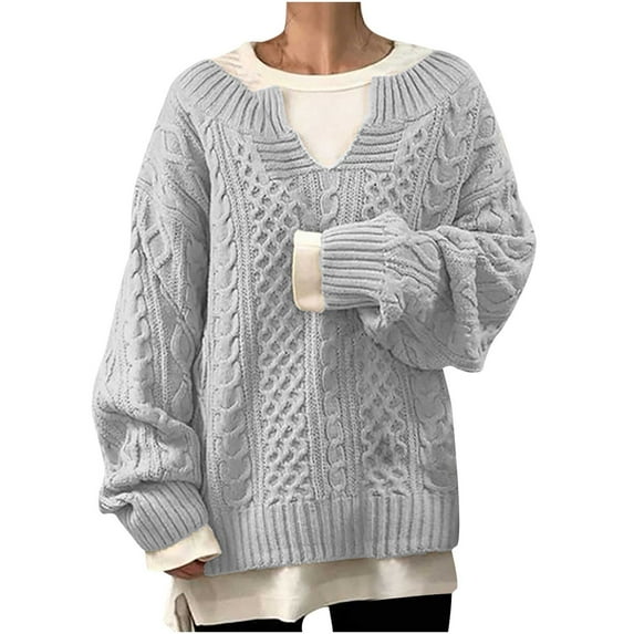 JGGSPWM Solid Oversized Sweaters for Womens Casual Loose Fit Tops Cable Knit Sweater V Neck Long Sleeve Pullover Soft Comfy Jumper Gray XXXL