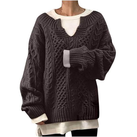 JGGSPWM Solid Oversized Sweaters for Womens Casual Loose Fit Tops Cable Knit Sweater V Neck Long Sleeve Pullover Soft Comfy Jumper Khaki XL
