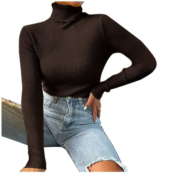 JGGSPWM Solid Ribbed Knit Slim Fit Sweaters for Womens Turtleneck Long Sleeve Pullover Soft Breathable Sweater Well-dressed Jumper Cotton Soft Tops Coffee S