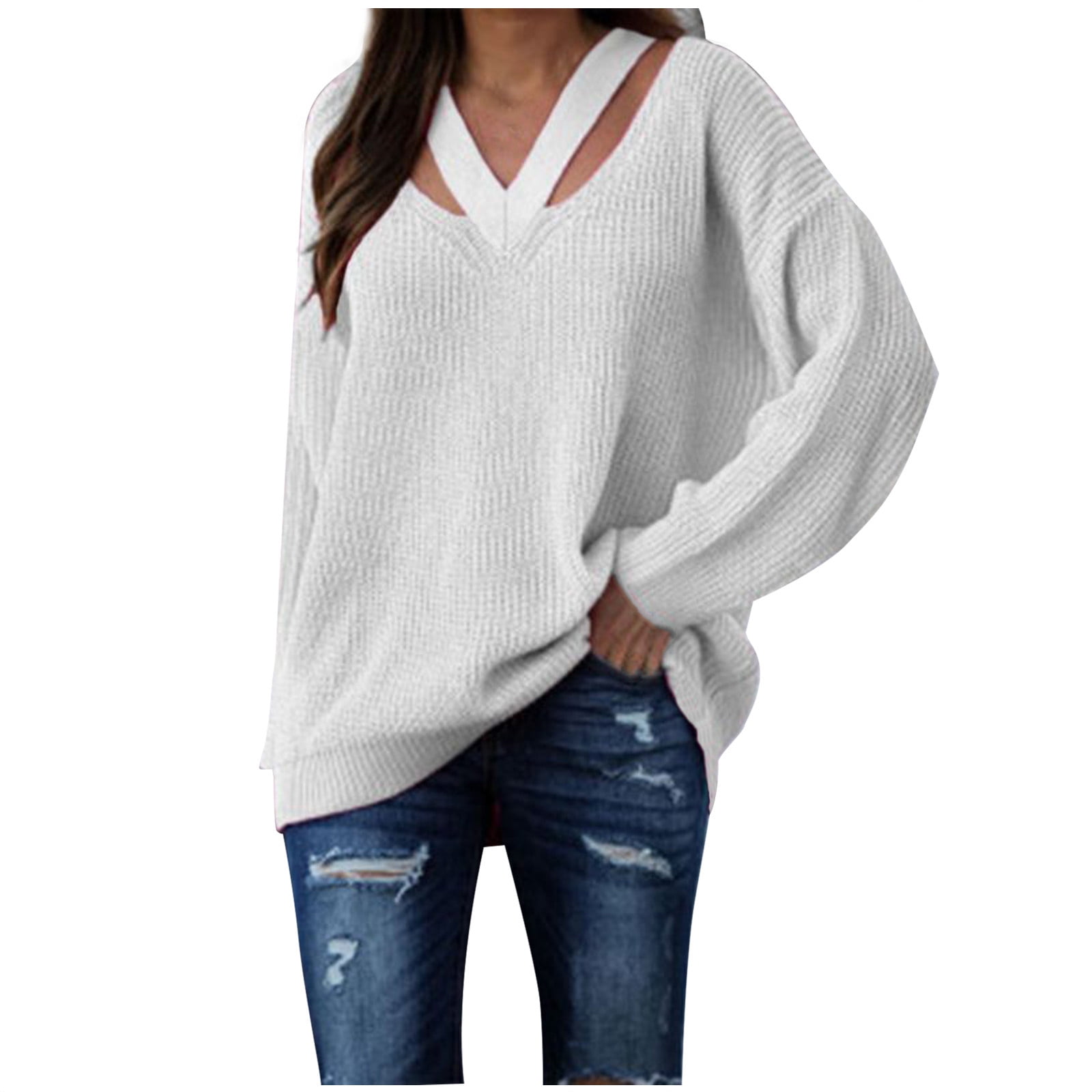 JGGSPWM Solid Ribbed Knit Sweaters for Womens Cut Out V Neck Long ...