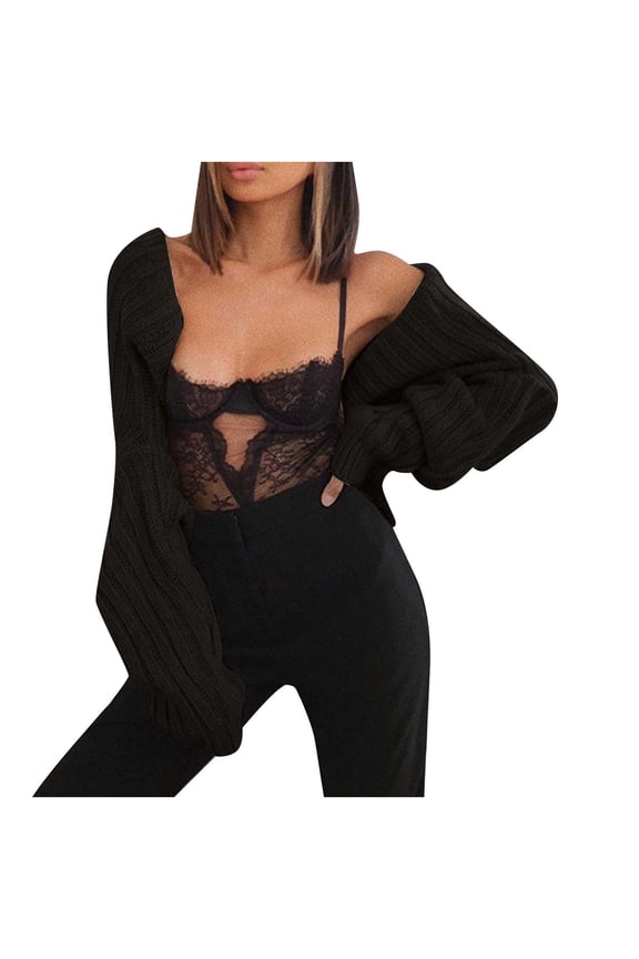 Solid Super Crop Shrug Sweater Cardigans for Womens Ribbed Knit Sweater Fall Fashion Jumper Petite Tops Open Front Long Sleeve Pullover Black XXL