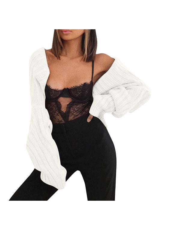 Solid Super Crop Shrug Sweater Cardigans for Womens Ribbed Knit Sweater Fall Fashion Jumper Petite Tops Open Front Long Sleeve Pullover White L