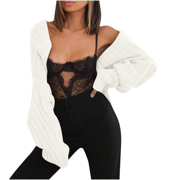 JGGSPWM Solid Super Crop Shrug Sweater Cardigans for Womens Ribbed Knit Sweater Fall Fashion Jumper Petite Tops Open Front Long Sleeve Pullover White XXL