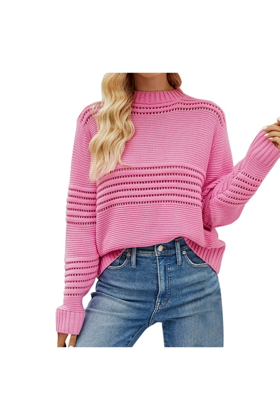 Solid Sweaters for Women Fall Spring Cable Knit Tops Chic Crochet Ribbed Jumper Long Sleeve Pullover Crewneck Tops Basic Sweaters for Women Hot Pink S