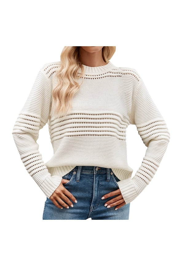 Solid Sweaters for Women Fall Spring Cable Knit Tops Chic Crochet Ribbed Jumper Long Sleeve Pullover Crewneck Tops Basic Sweaters for Women White XL