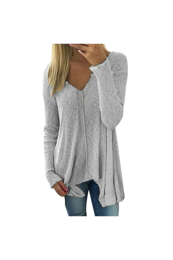 Solid Sweaters for Women Long Sleeve Pullover Soft Comfy Cable Knit Tops Junior's Crochet Ribbed Jumper Irregular Hem Sweaters for Women V Neck Tops Gray S