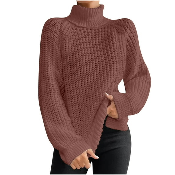 JGGSPWM Solid Sweaters for Women Long Sleeve Pullover Soft Cozy Cotton Cable Knit Tops Glamorous Sweaters for Women Turtle Neck Tops Colored Crochet Ribbed Jumper Brown S