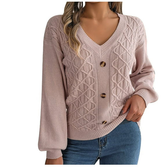 JGGSPWM Solid Sweaters for Womens Lovely Jumper Cable Knit Button Down Sweater V Neck Long Sleeve Pullover Lightweight Tops Pink S