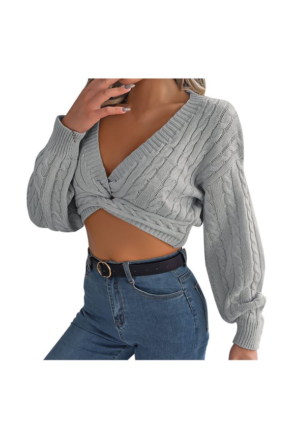 Solid Sweaters for Womens Warm Jumper Deep V Neck Long Sleeve Pullover Basic Tops Crop Cross Twist Knot Sweater Gray M