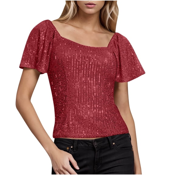 JGGSPWM Sparkling Sequined Tops for Women Glittery Party Blouse Short Sleeve Elegant Evening Wear Red L