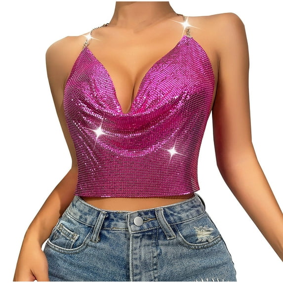 JGGSPWM Sparkly Sequin Tops for Women Backless Halter Glitter Metallic Crop Top Hot Pink S