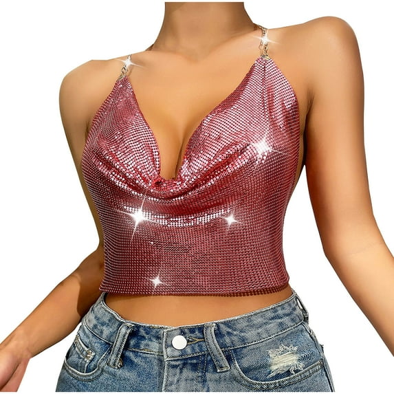 JGGSPWM Sparkly Sequin Tops for Women Backless Halter Glitter Metallic Crop Top Watermelon Red L