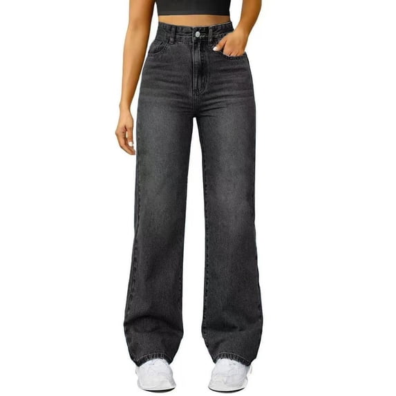 JGGSPWM Straight Leg Jeans for Women High Waisted Wide Leg Loose Stretchy Boyfriend Denim Pants Trendy Baggy Jeans Black XXL