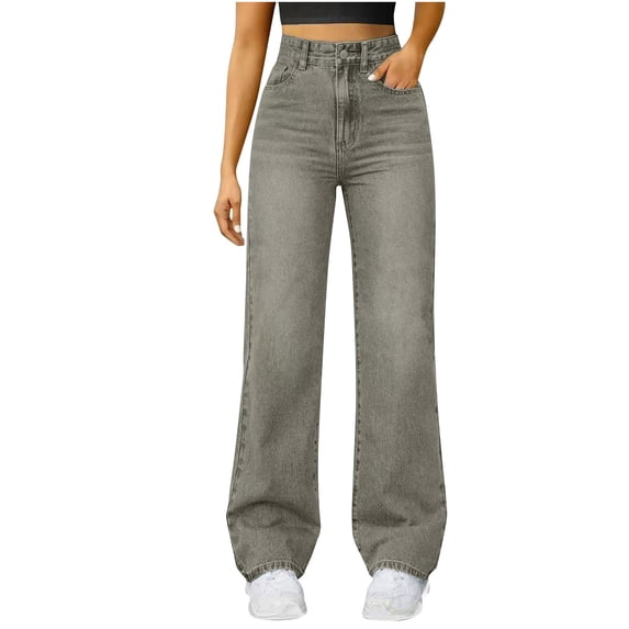 JGGSPWM Straight Leg Jeans for Women High Waisted Wide Leg Loose Stretchy Boyfriend Denim Pants Trendy Baggy Jeans Gray M