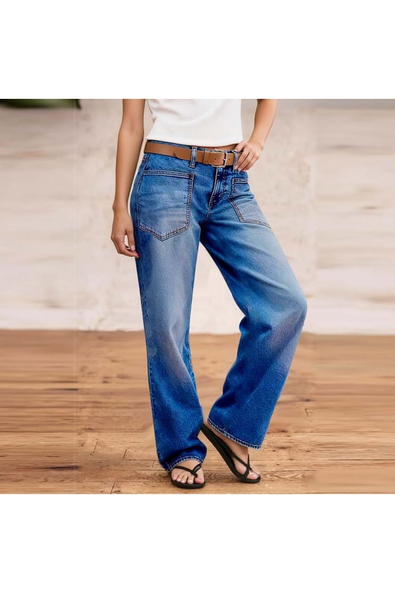 Straight Leg Jeans for Women Trendy Mid Rise Stretchy Patch Pocket Baggy Jeans Casual Without Belt Blue XXL