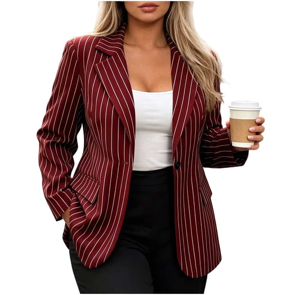 JGGSPWM Striped Blazer Jacket for Women Notched Lapel Button Long Sleeve Suit Fall Fashion Business Casual Work Blazers Red M
