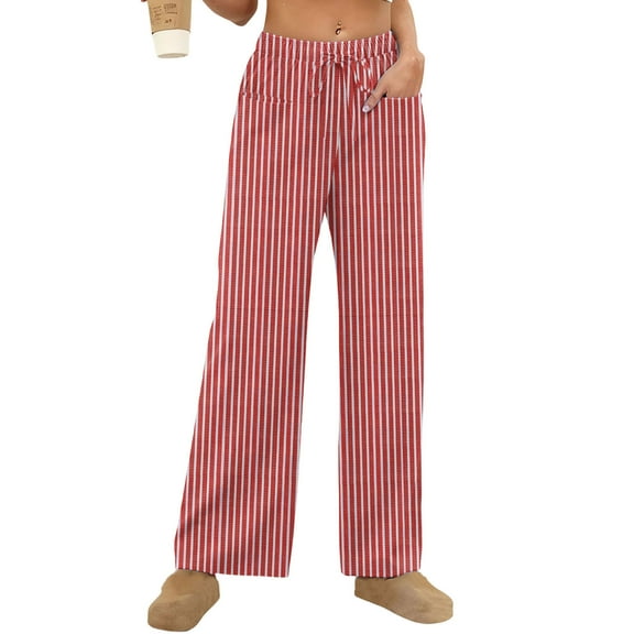 JGGSPWM Striped Woman's Baggy Pajamas Pants Elastic Waist Drawstring Pants High Waist Straight Trousers with Pockets Comfy Red XXL